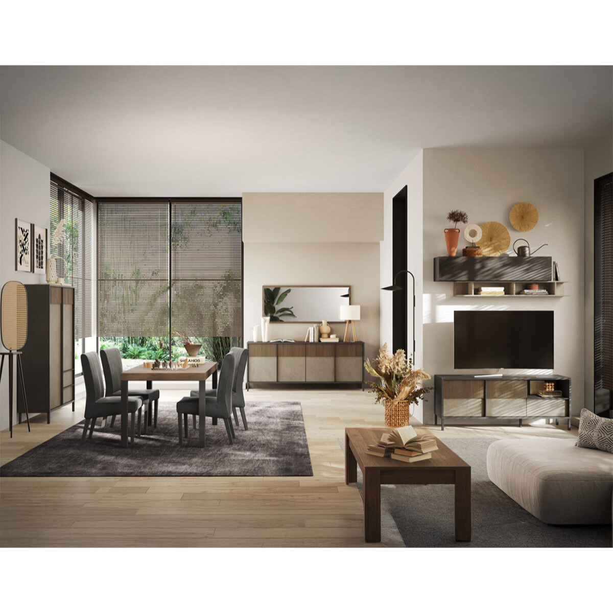 Jules - buffet bas - 4 portes - 206 cm - Gris / Bois