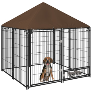 Perrera con Toldo Parque para Perros Metálica de Exterior con Soporte Giratorio para Comida 2 Cuencos para Patio Jardín Terraza 141x141x151 cm Negro