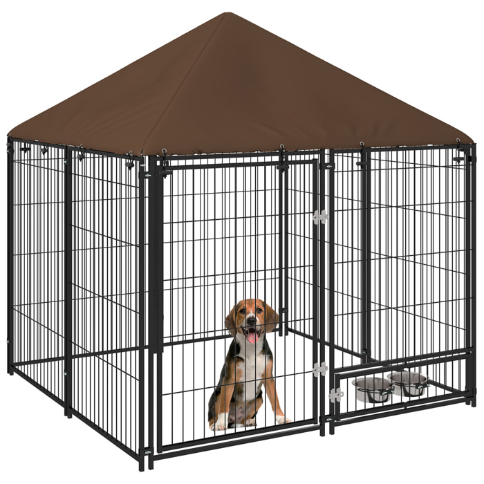 Perrera con Toldo Parque para Perros Metálica de Exterior con Soporte Giratorio para Comida 2 Cuencos para Patio Jardín Terraza 141x141x151 cm Negro