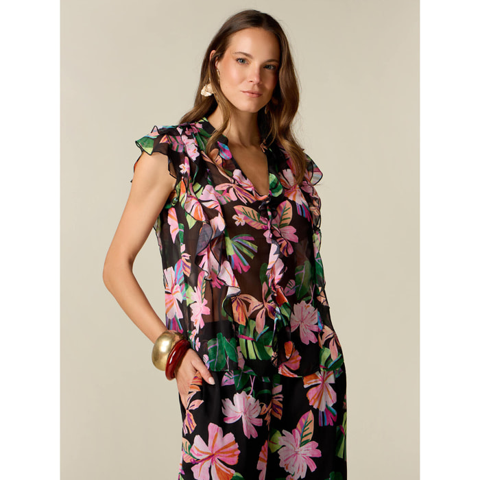 Oltre - Blusa fantasia con volant - Nero