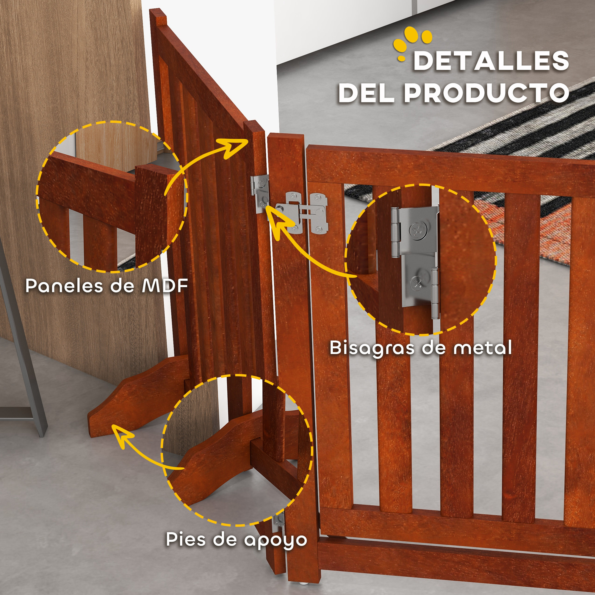 Barrera de Seguridad para Perros Plegable para Escaleras y Puertas Valla para Perros Pequeños de 4 Paneles con Soporte de Pie para Interiores 205x30x60 cm Marrón