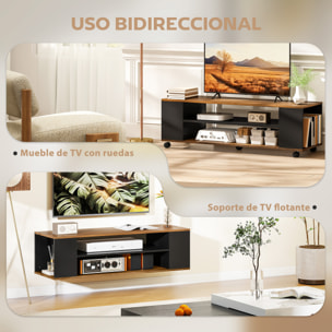 Mueble de TV con Ruedas, Mesa de TV Suspendido o de Pie, para Salón, con 4 Estantes Abiertos, para Televisión de 55 Pulgadas, Estilo Moderno, 120x40x38,5 cm, Nogal y Negro