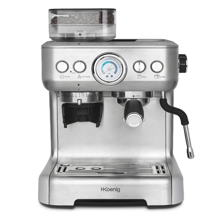 H.Koenig Máquina espresso con triturador EXPRO980, 2,7 L, 250 g, depósito de granos, 15 tamaños de molido, bomba italiana, dosificación personalizable para 1 o 2 tazas, Thermoblock, presión 20 bares