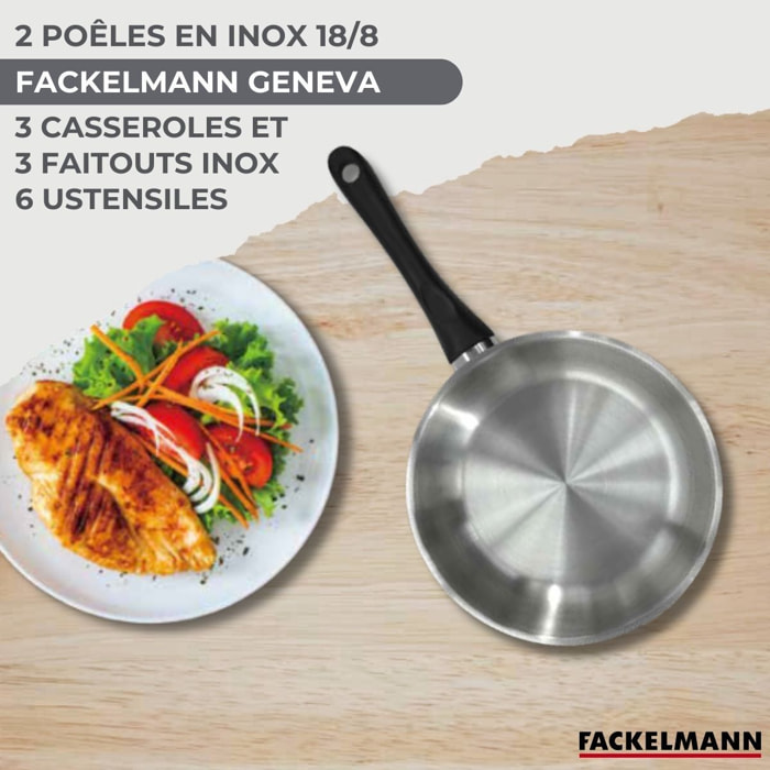 Set 2 poêles, 3 casseroles 12 16 20 cm, 3 faitouts 16, 20 et 24 cm en inox et 6 ustensiles RPET Fackelmann Geneva