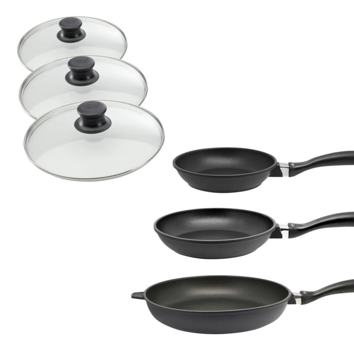 Set de 3 poêles 24 cm 28 cm et 32 cm et couvercles sans PFAS Elo Alucast