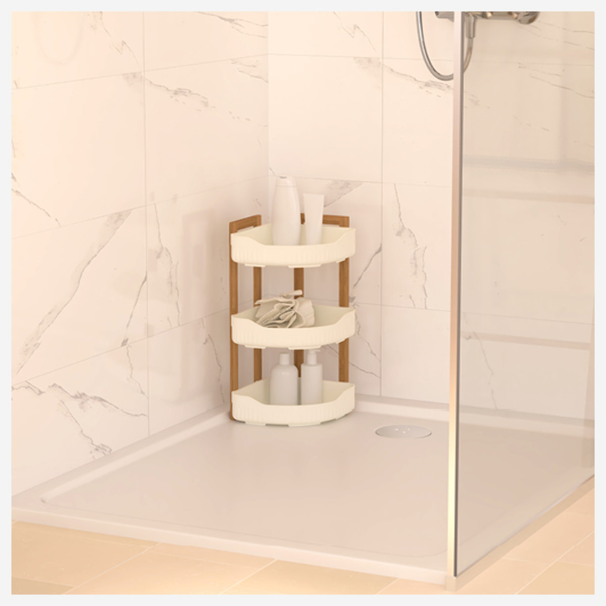 Étagère d'angle "Naturéo" 3 niveaux en bambou blanc 29x22cm