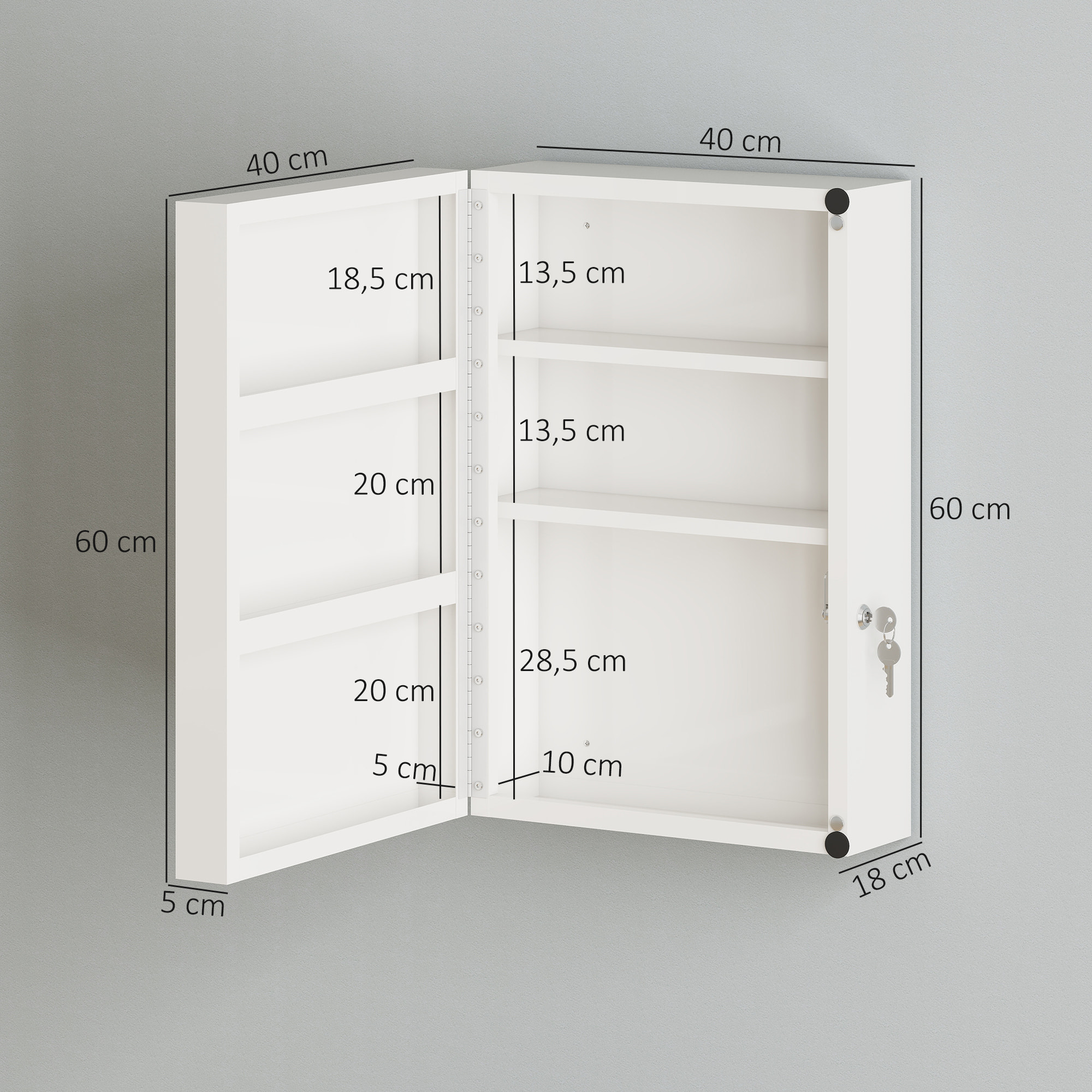 Botiquín de Pared de Primeros Auxilios, Botiquín de Medicinas con 6 Compartimentos, Cerradura y 2 Llaves, para Baño, Cocina, Recibidor, 40x18x60 cm, Blanco