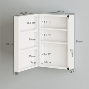 Botiquín de Pared de Primeros Auxilios, Botiquín de Medicinas con 6 Compartimentos, Cerradura y 2 Llaves, para Baño, Cocina, Recibidor, 40x18x60 cm, Blanco