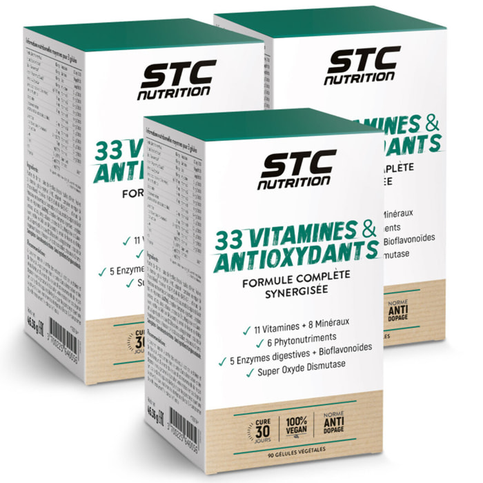 STC NUTRITION - 33 Vitamines & Antioxydants - Formule Complète Synergisée - 11 Vitamines + 8 Minéraux + 6 Phytonutriments - 100% Végan - Conforme à la norme anti-dopage - 90 gélules - Lot de 3