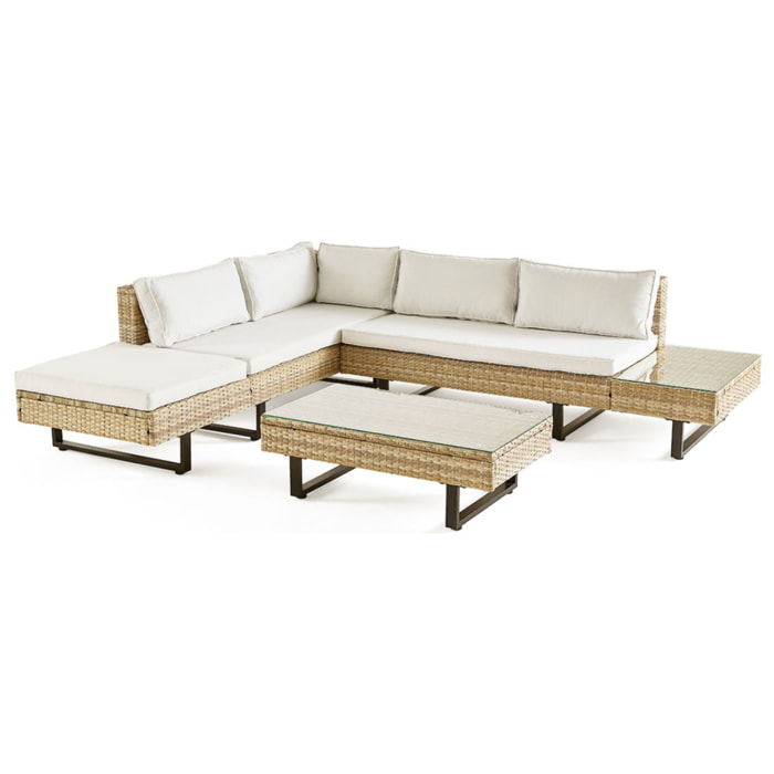 Sashi – salon de jardin d'angle en résine beige et grise – 5 places - coussins gris clair et table incluse - Gris