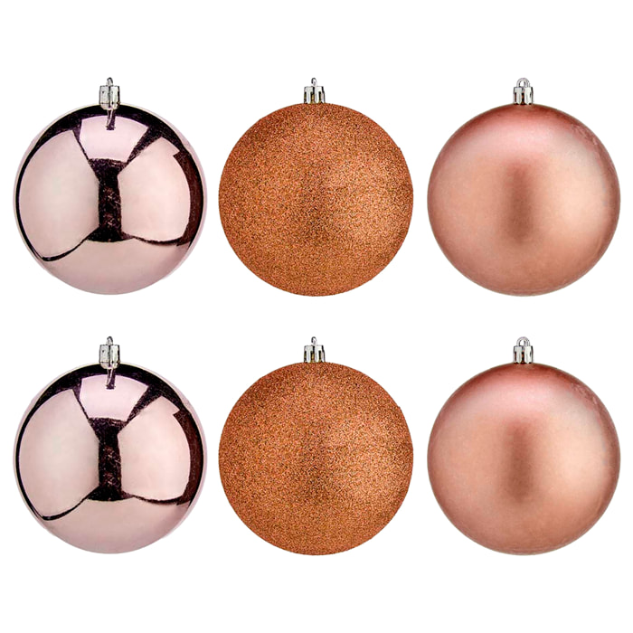 Set di 6 palline di Natale da 10 cm in colore rame, assortite in 3 design: semplice, lucido e testurizzato.
