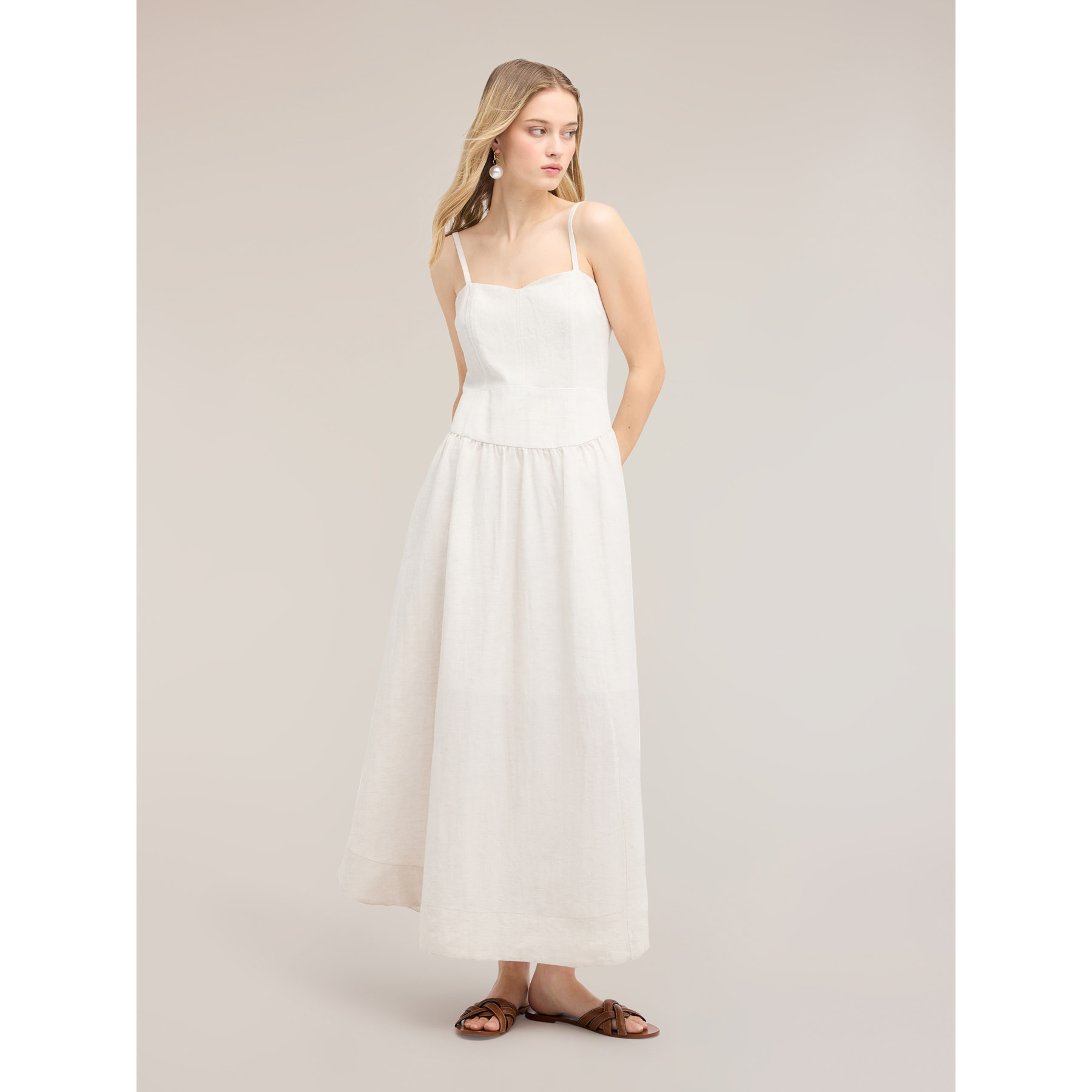 Motivi - Vestito flare lungo in misto lino - Beige