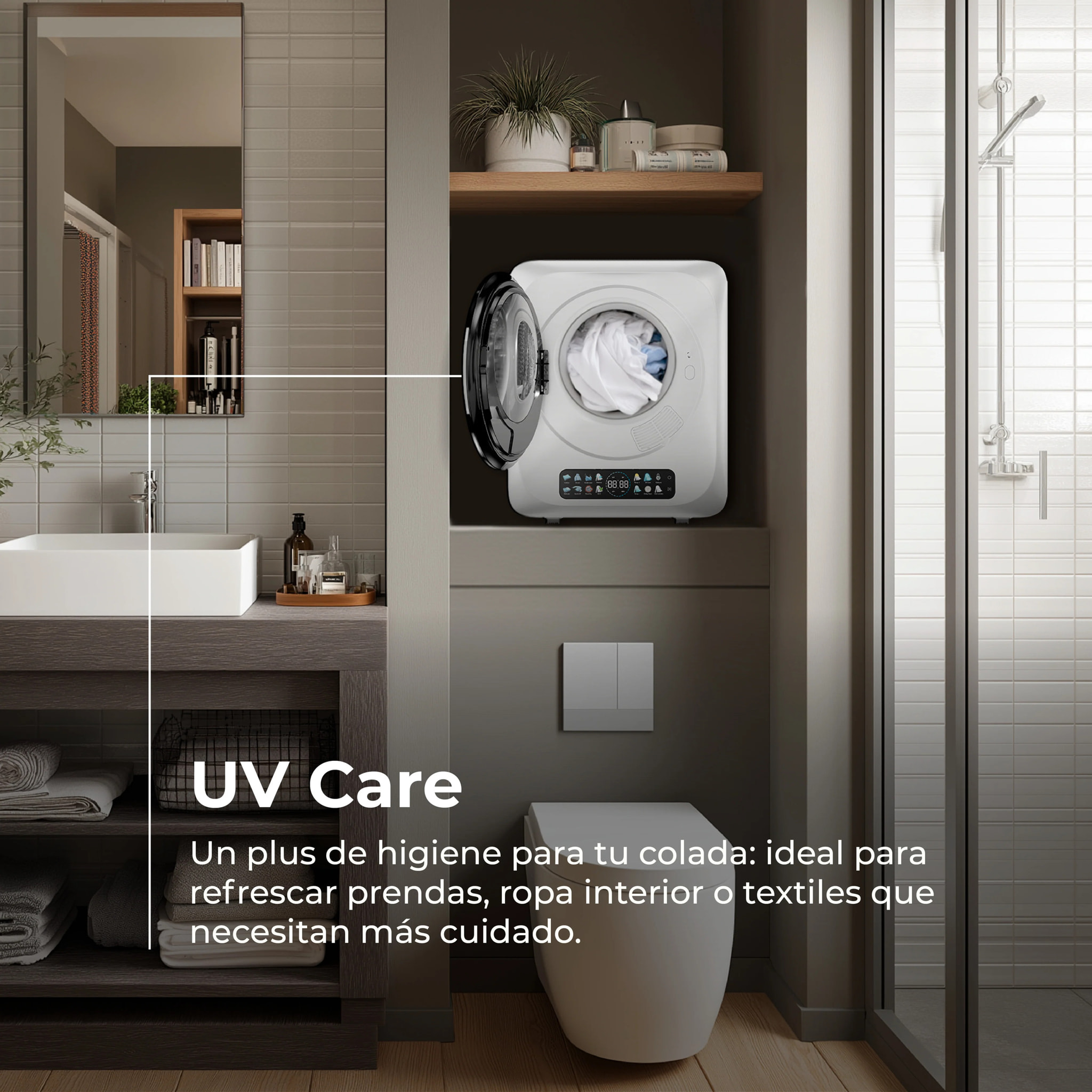 EVVO Secadora Mini S4 – Secadora de Ropa Portátil 3 Kg, Diseño Mini Compacto, Panel Táctil, Higiene UV, Función Antiarrugas, Mini Secadora Ideal para Espacios Reducidos