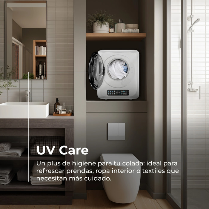 EVVO Secadora Mini S4 – Secadora de Ropa Portátil 3 Kg, Diseño Mini Compacto, Panel Táctil, Higiene UV, Función Antiarrugas, Mini Secadora Ideal para Espacios Reducidos