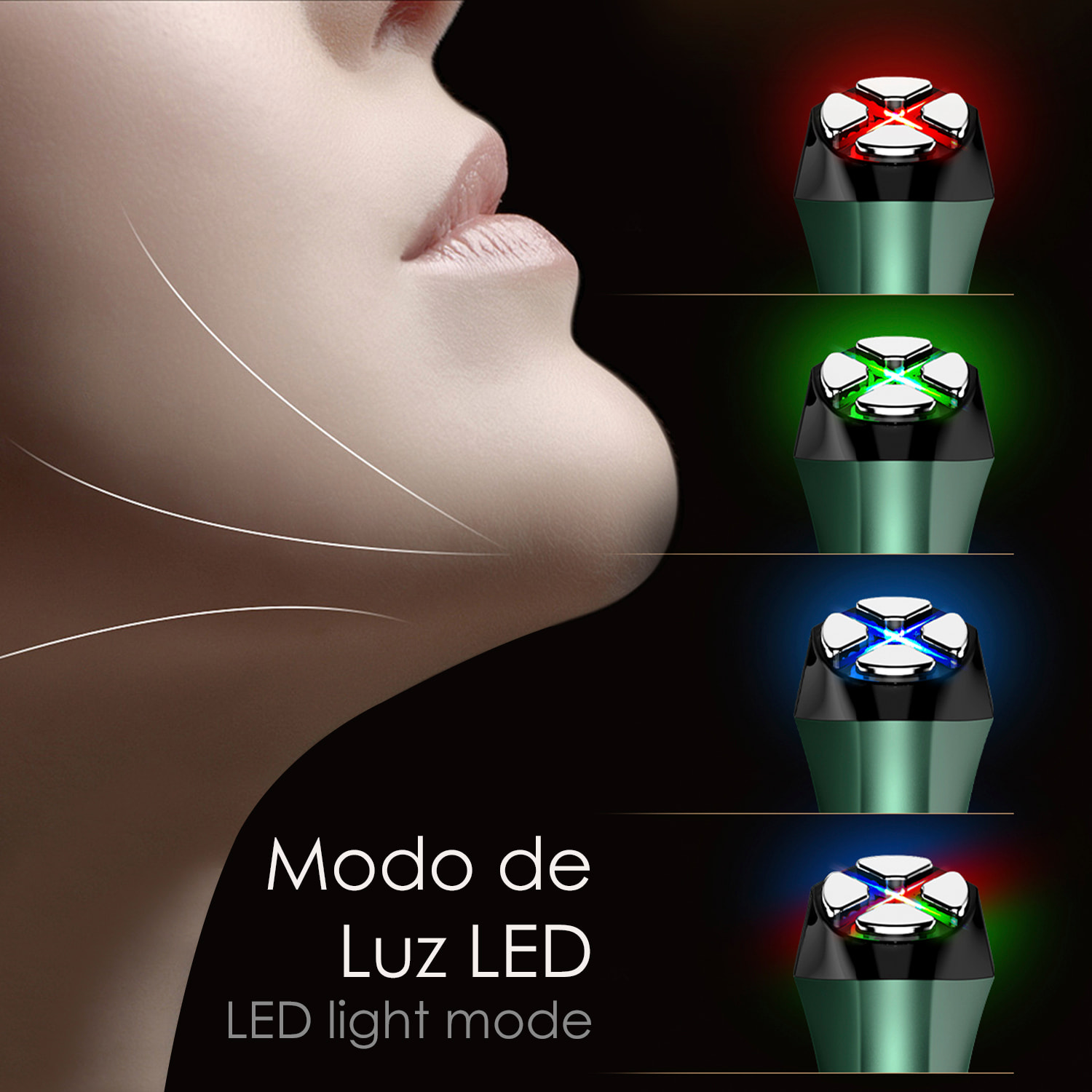 Strumento di bellezza del viso. EMS, trattamento luce LED a 3 colori, WAV e VR. Rassoda e ringiovanisce la pelle.