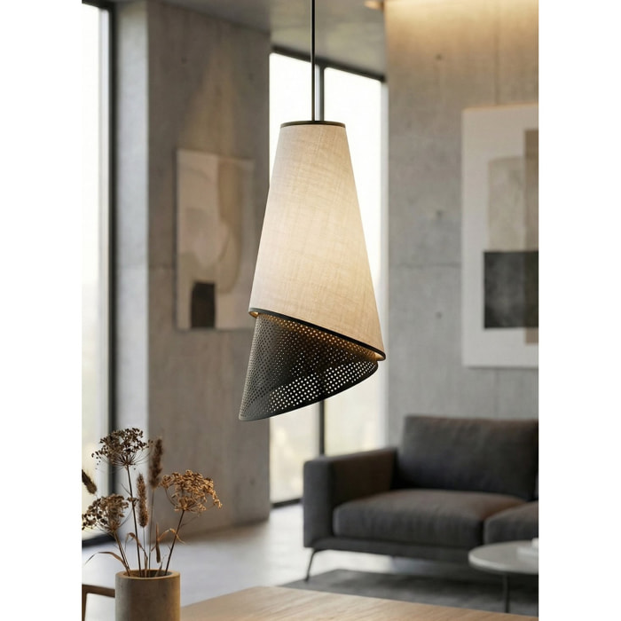 Lampada a sospensione MODA in acciaio e tessuto grigio