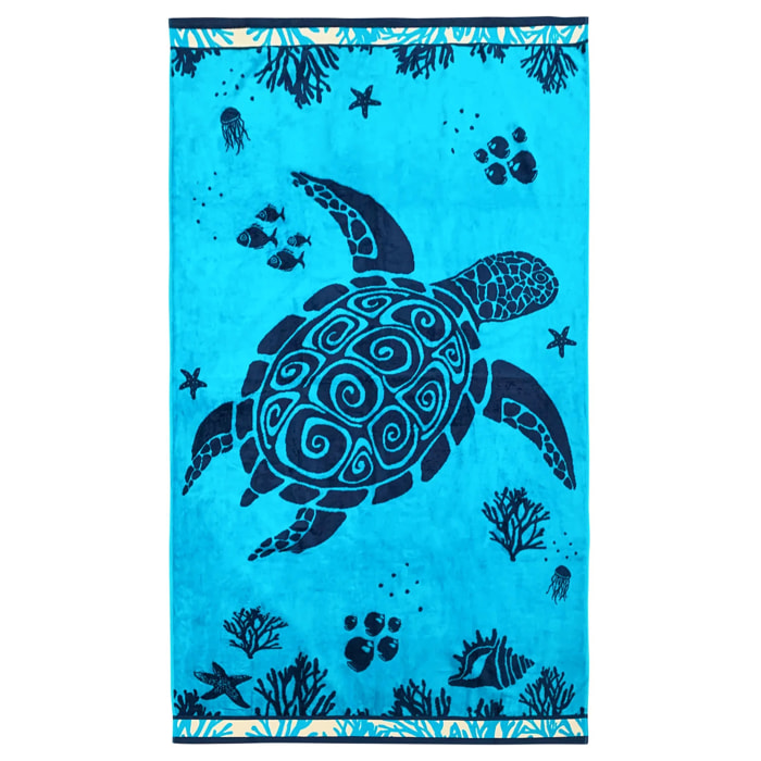 Serviette de plage éponge velours Jacquard Bleu 100x175 470g/m² - Princesa