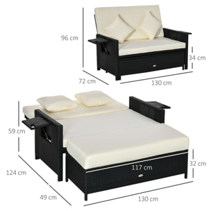 Ensemble de jardin 2 places : canapé dossier inclinable tablettes coffre matelas et coussins intégrées + repose-pieds résine tressée 4 fils noire polyester crème