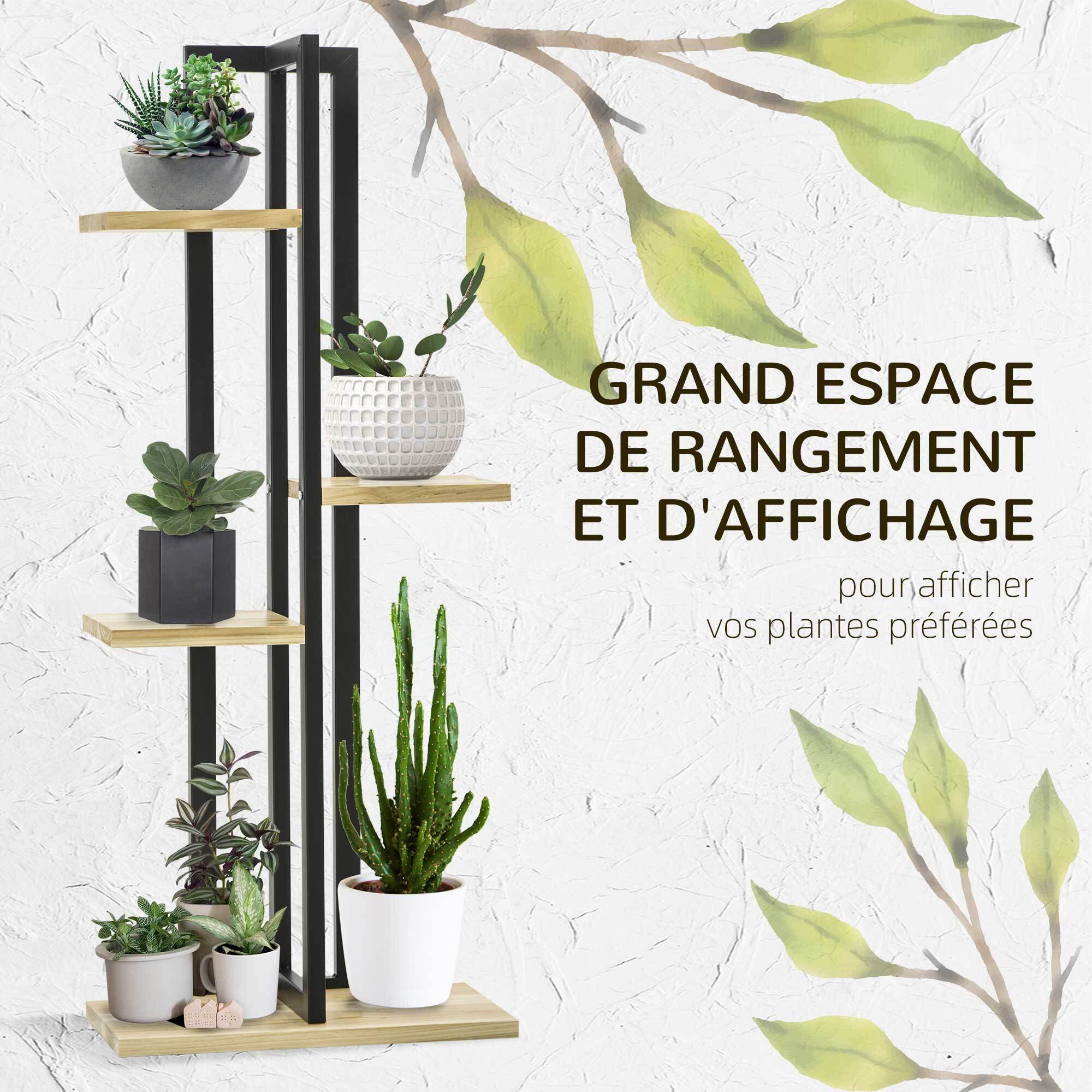 Support à fleurs style industriel 4 niveaux - porte plante 4 étagères - métal époxy noir bois sapin