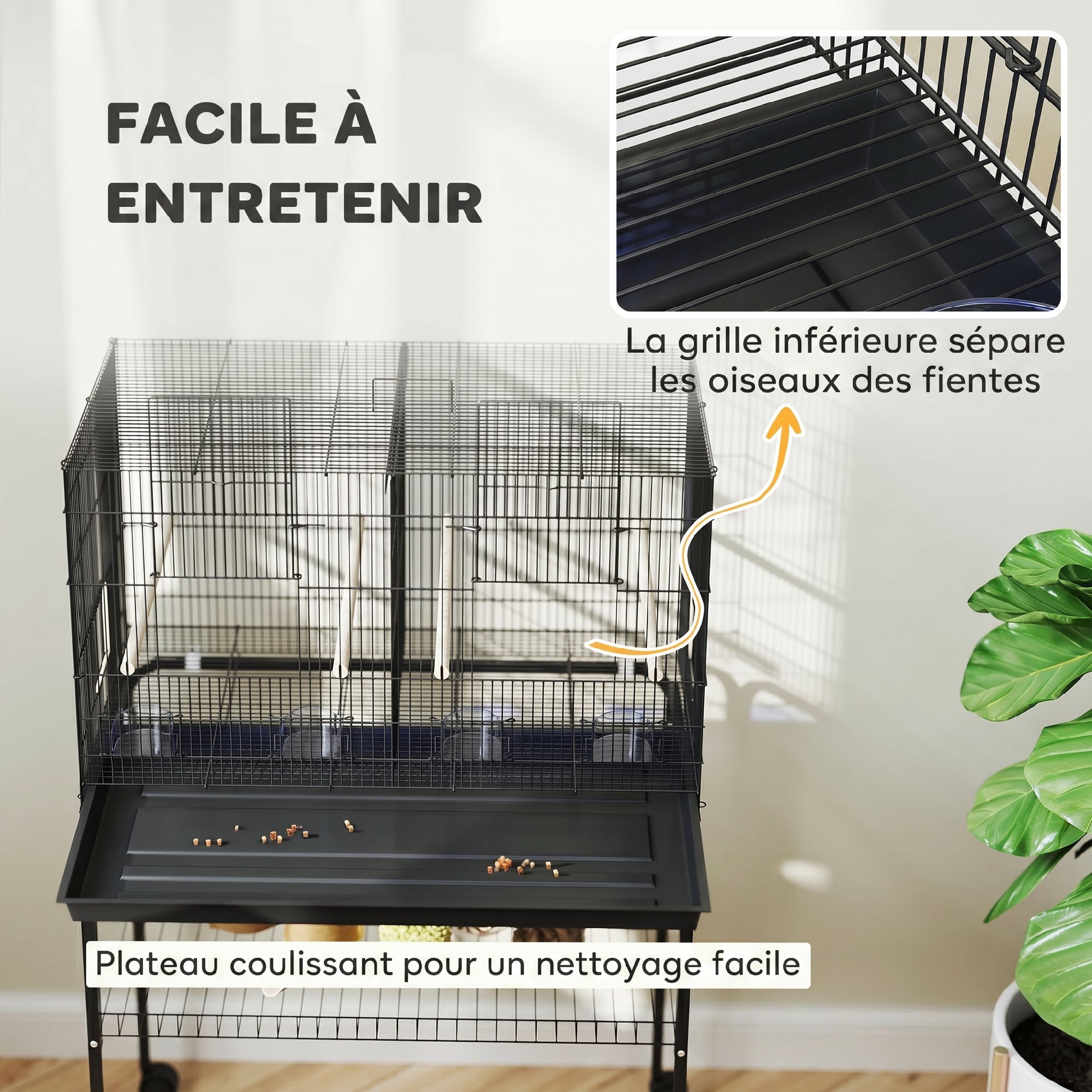 Cage à oiseaux mobile volière acier avec séparateur - 4 perchoirs, mangeoires, portes, trappes, plateau déjection - noir