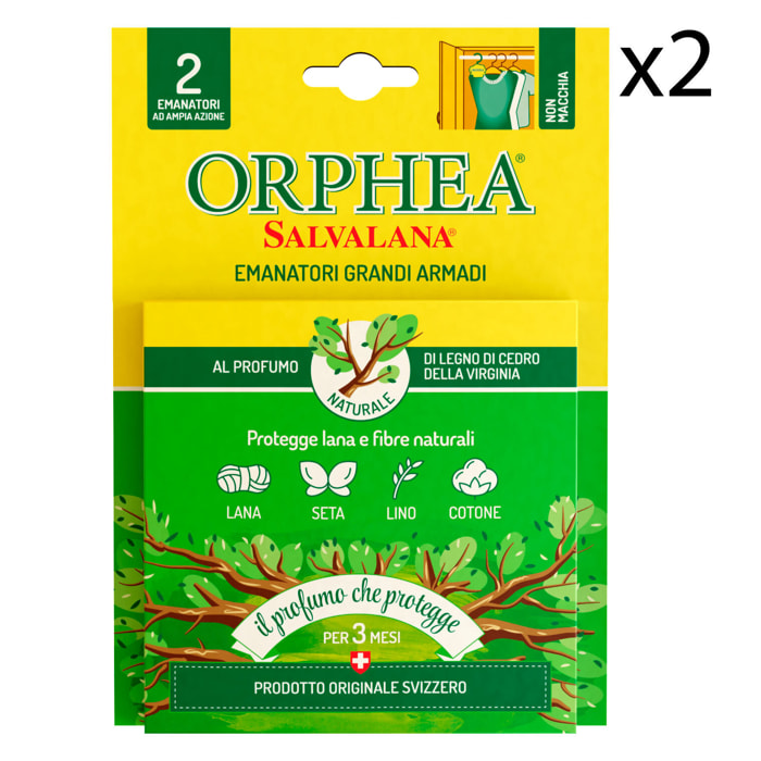 2x Orphea Salvalana Emanatori Grandi Armadi Protegge Lana Profumo Legno di Cedro della Virginia - 2 Confezioni da 2 Emanatori