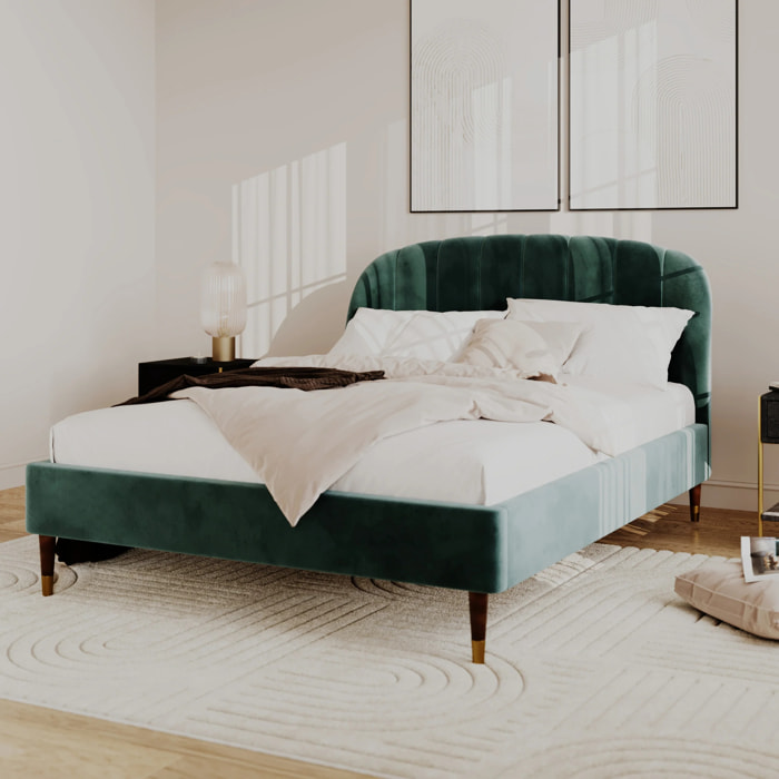 Lit double 140x190 cm en velours vert et pieds doré - Gala