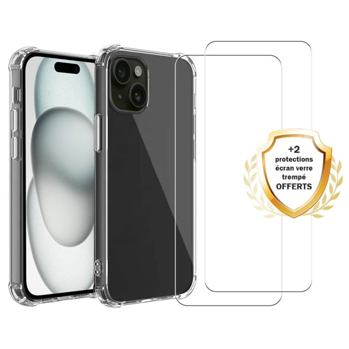 Coque iPhone 15 Antichoc Silicone bords renforcés + 2 Vitres en verre trempé Protection écran