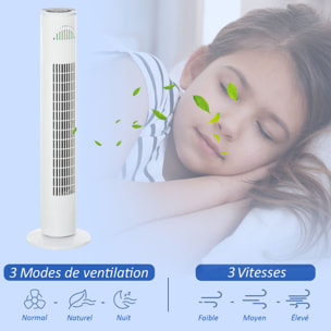 Ventilateur colonne tour oscillant 45 W silencieux télécommande incluse minuterie 3 modes 3 vitesses blanc