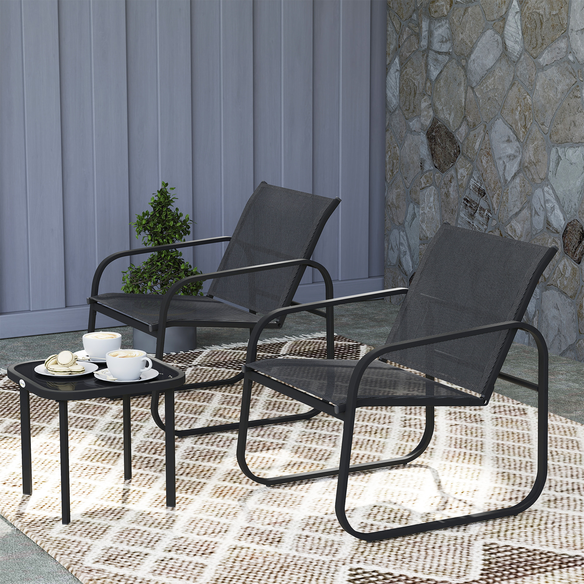 Ensemble bistrot de jardin relax 2 personnes 3 pièces plateau verre trempé acier textilène noir