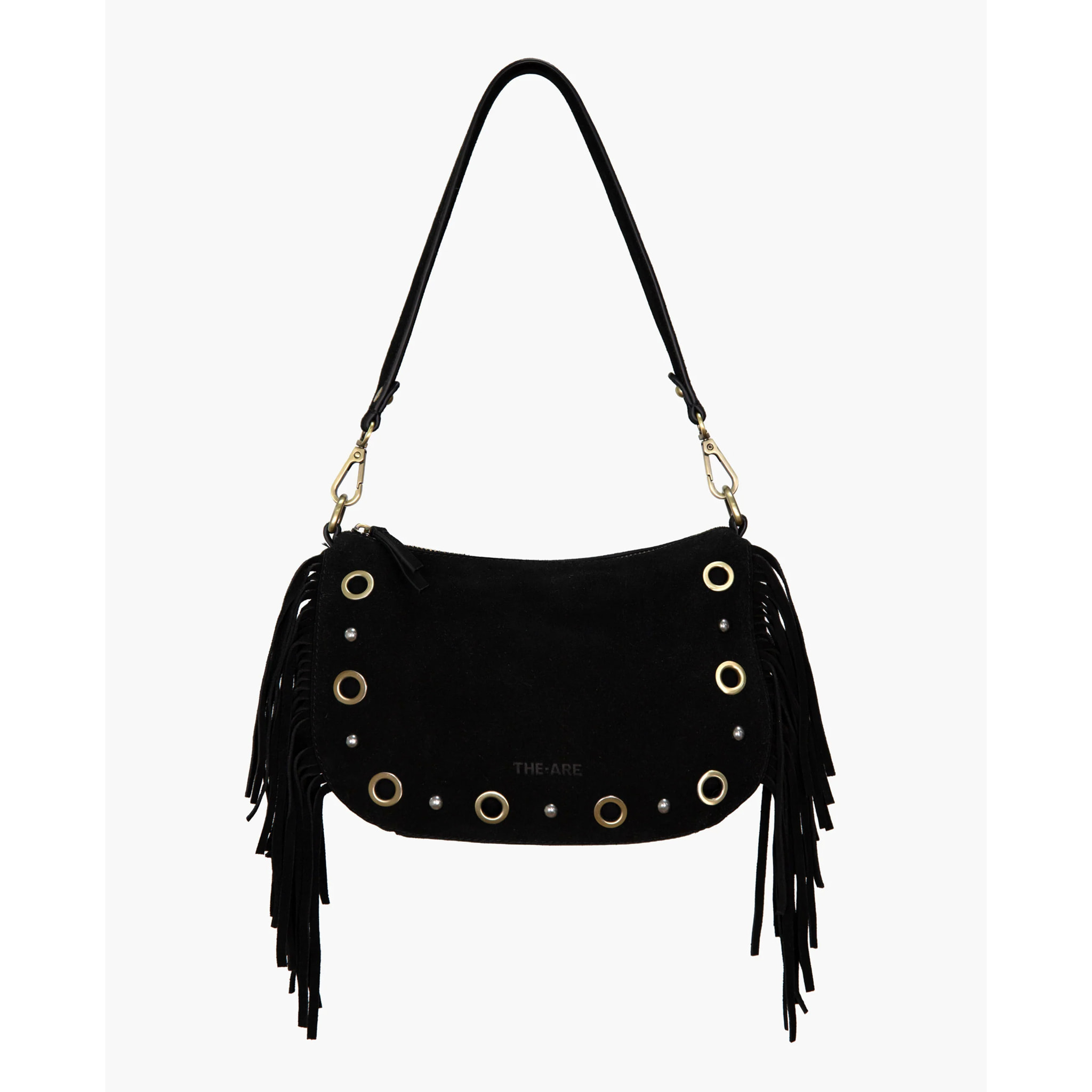Bolso de ante negro con flecos y tachuelas doradas