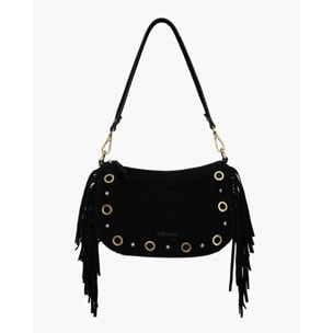 Bolso de ante negro con flecos y tachuelas doradas