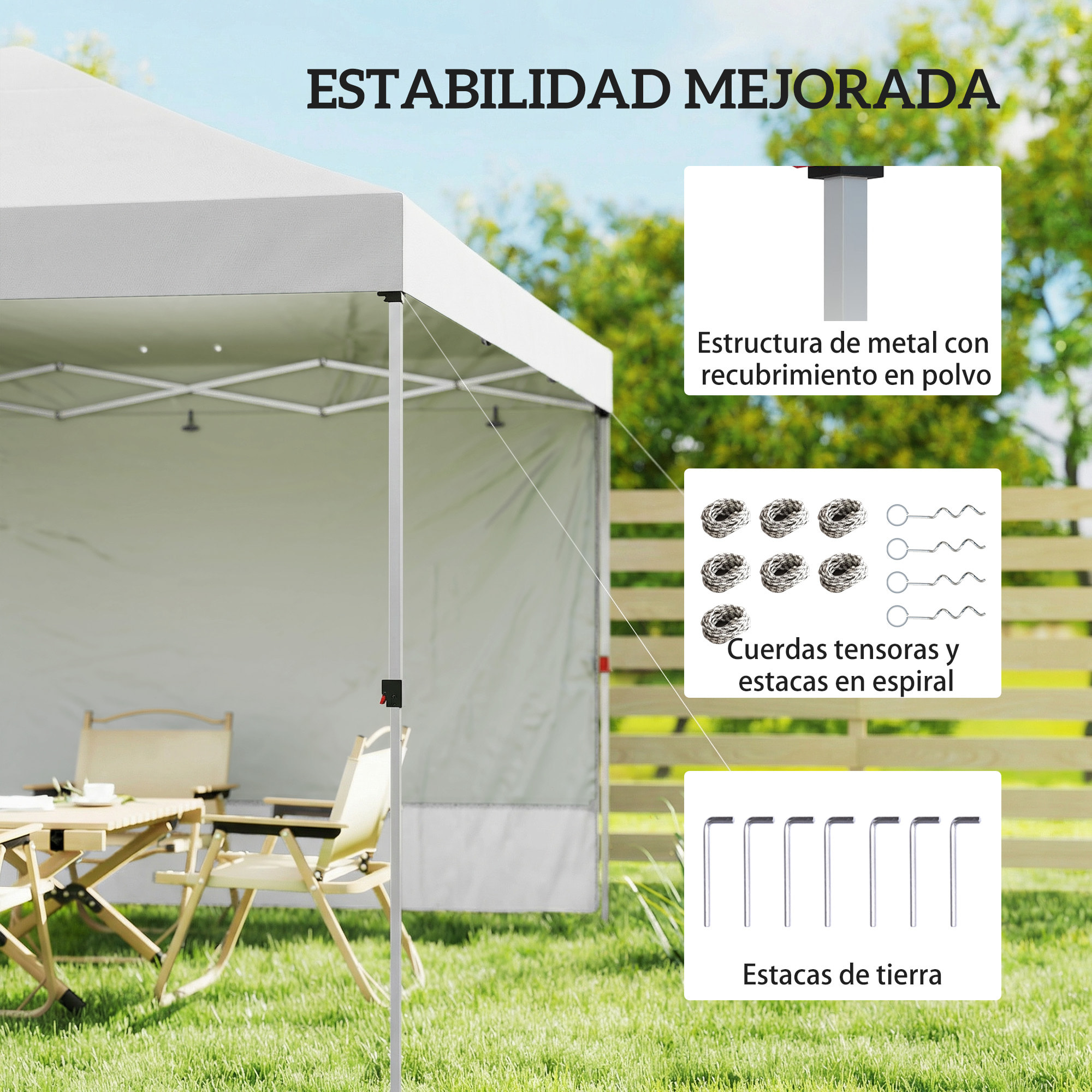 Carpa Plegable 3x3 m, Pop-up, con Pared Lateral, Cenador de Jardín con Protección UPF50+, Empuje Central, Altura Ajustable, Bolsa de Transporte, Gazebo para Camping, Exterior, Blanco