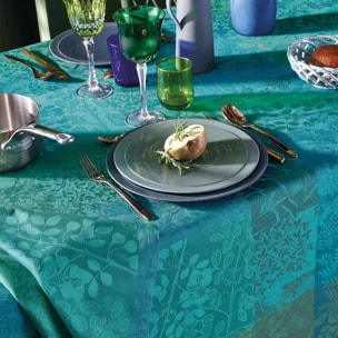 Nappe pur coton enduit motif jacquard vert Mille rameaux emeraude