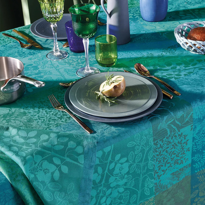 Nappe pur coton enduit motif jacquard vert Mille rameaux emeraude