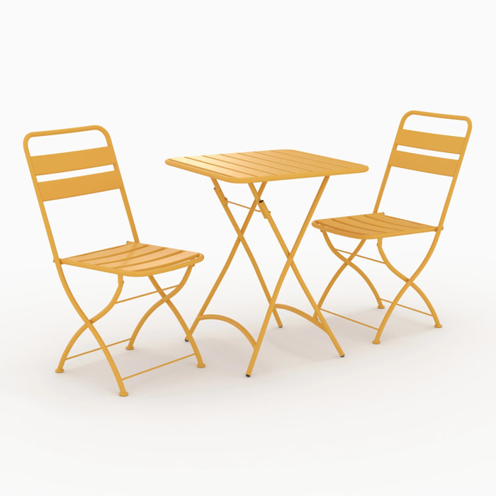 Table et chaises de jardin pliantes 2 personnes en métal jaune - Yumi