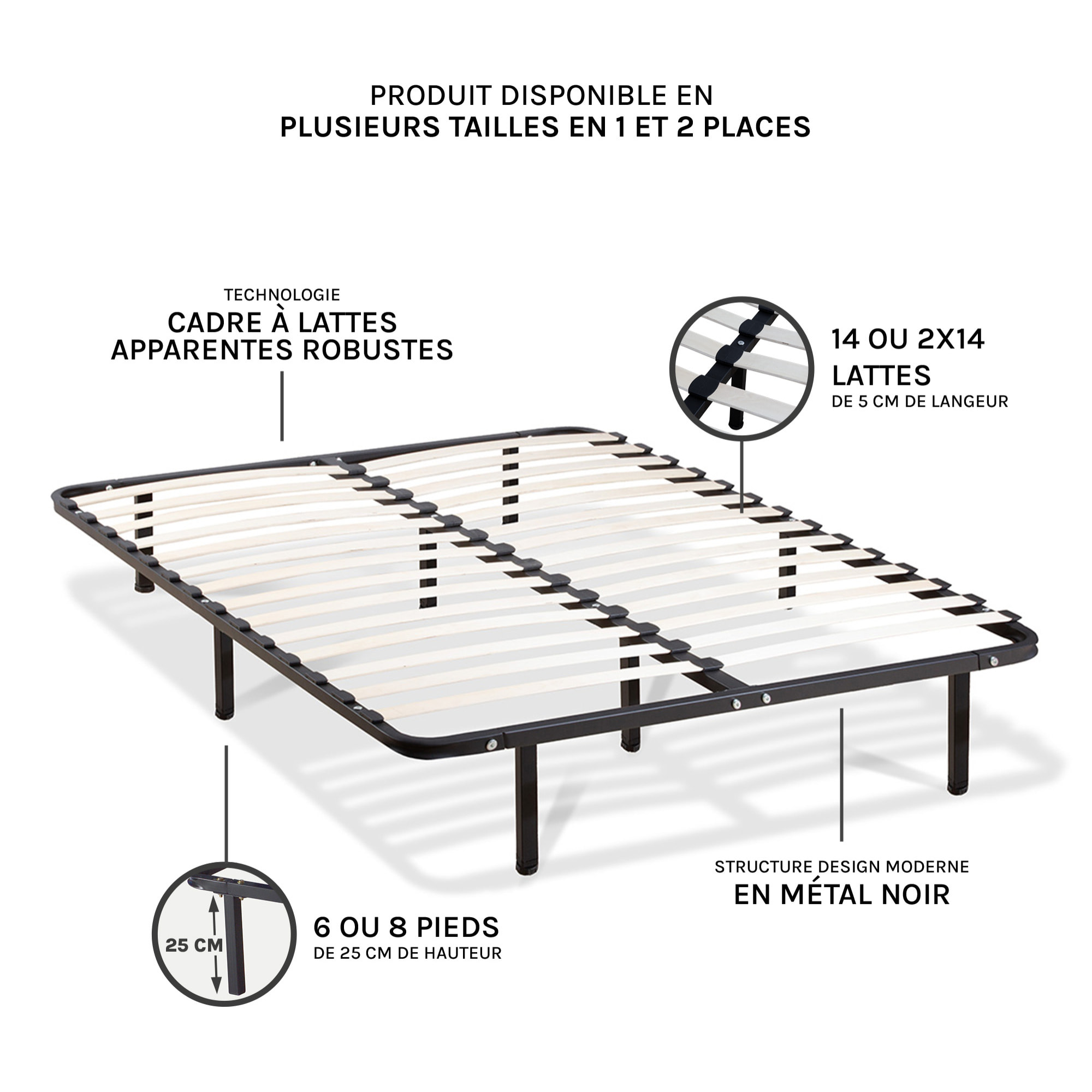 Sommier Cadre a Lattes en Kit | Structure Metallique Noire