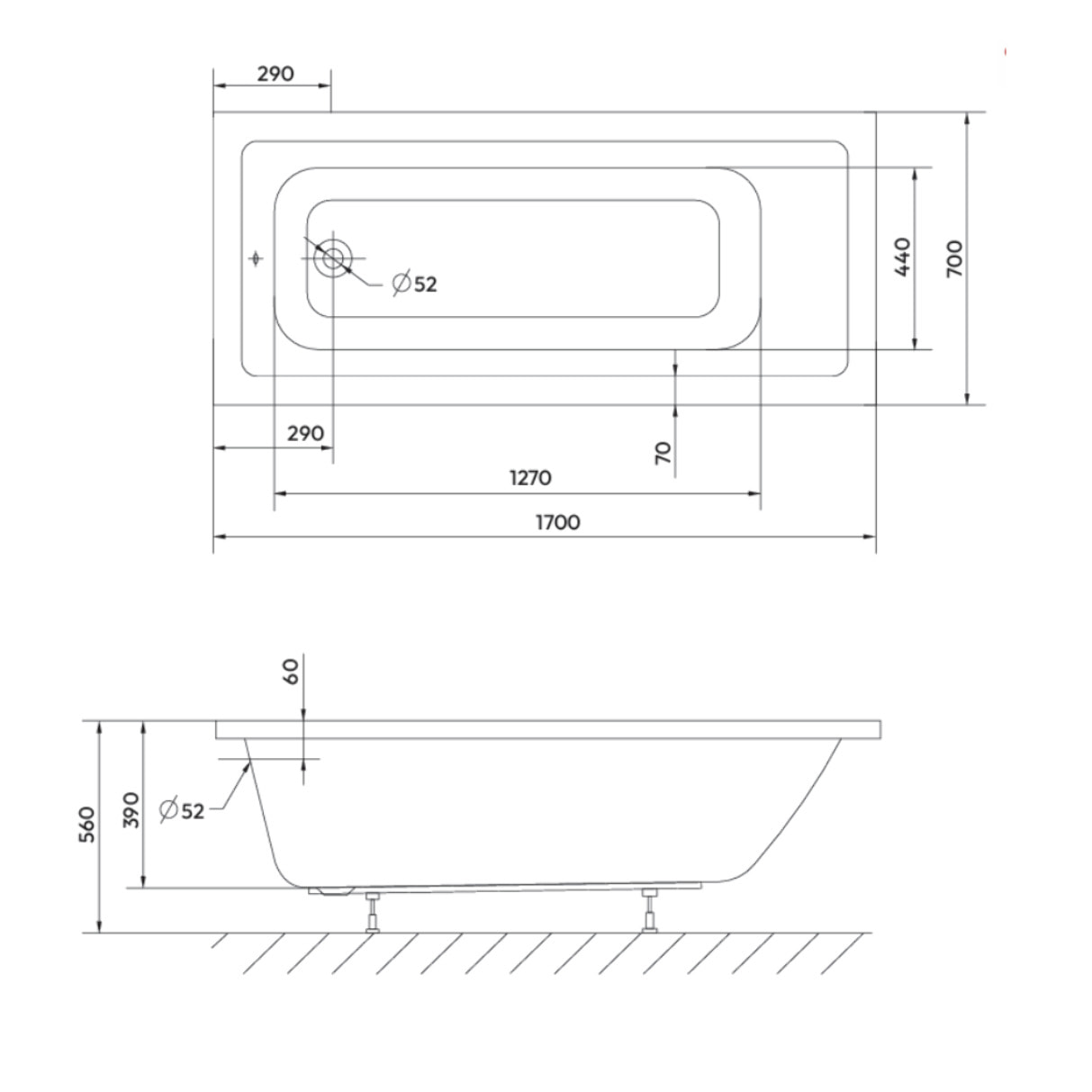 Aurum 170x70 cm baignoire rectangulaire en acrylique, orientation gauche et droite, sans pieds, blanc (SATVAUR170)