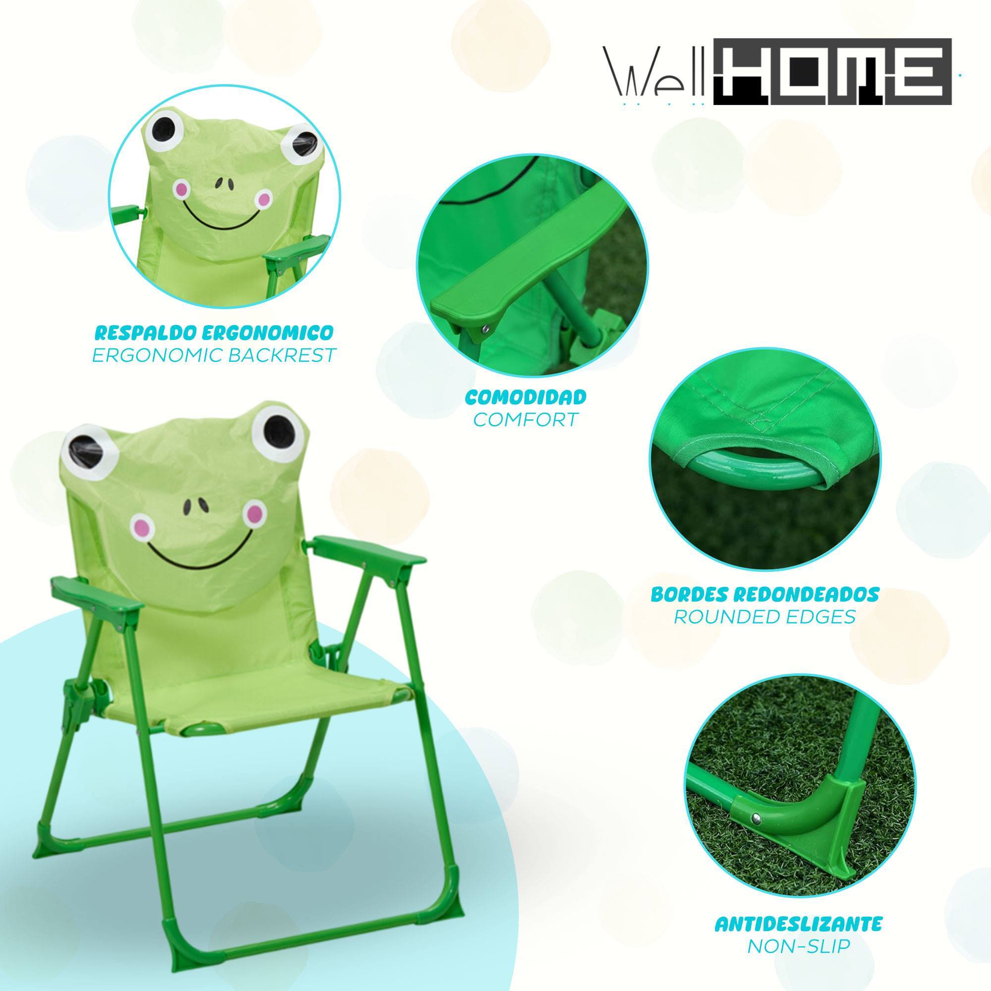 Well Home Conjunto jardín niños 4 piezas (mesa + 2 sillas + paraguas) diseño Rana, plegable y ligero