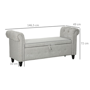 Banquette coffre de rangement 2 en 1 design Chesterfield accoudoirs courbés capitonnés piètement bois noir aspect lin gris