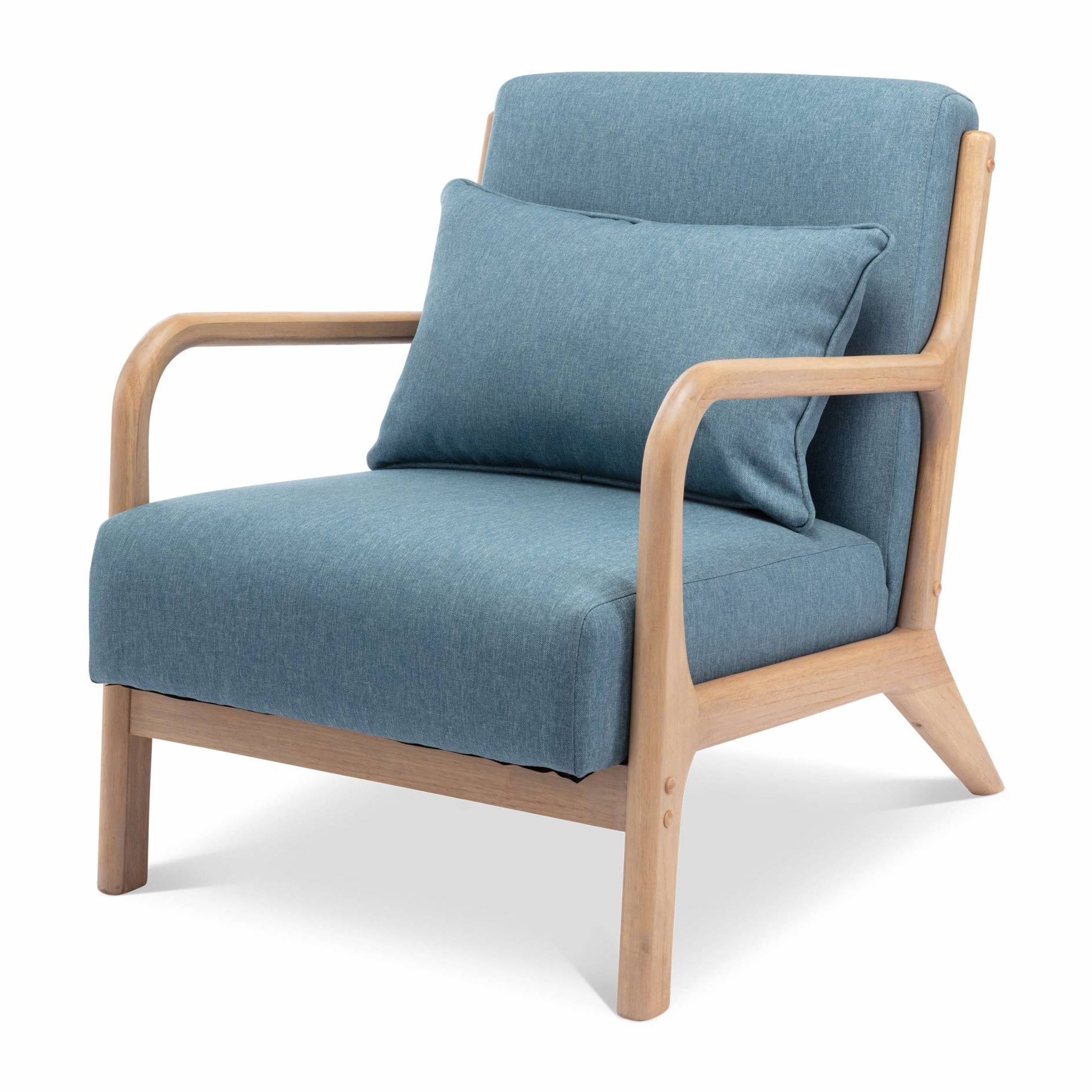 Fauteuil design en bois et tissu. 1 place droit fixe. pieds compas scandinave. assise confortable. structure en bois solide. bleu