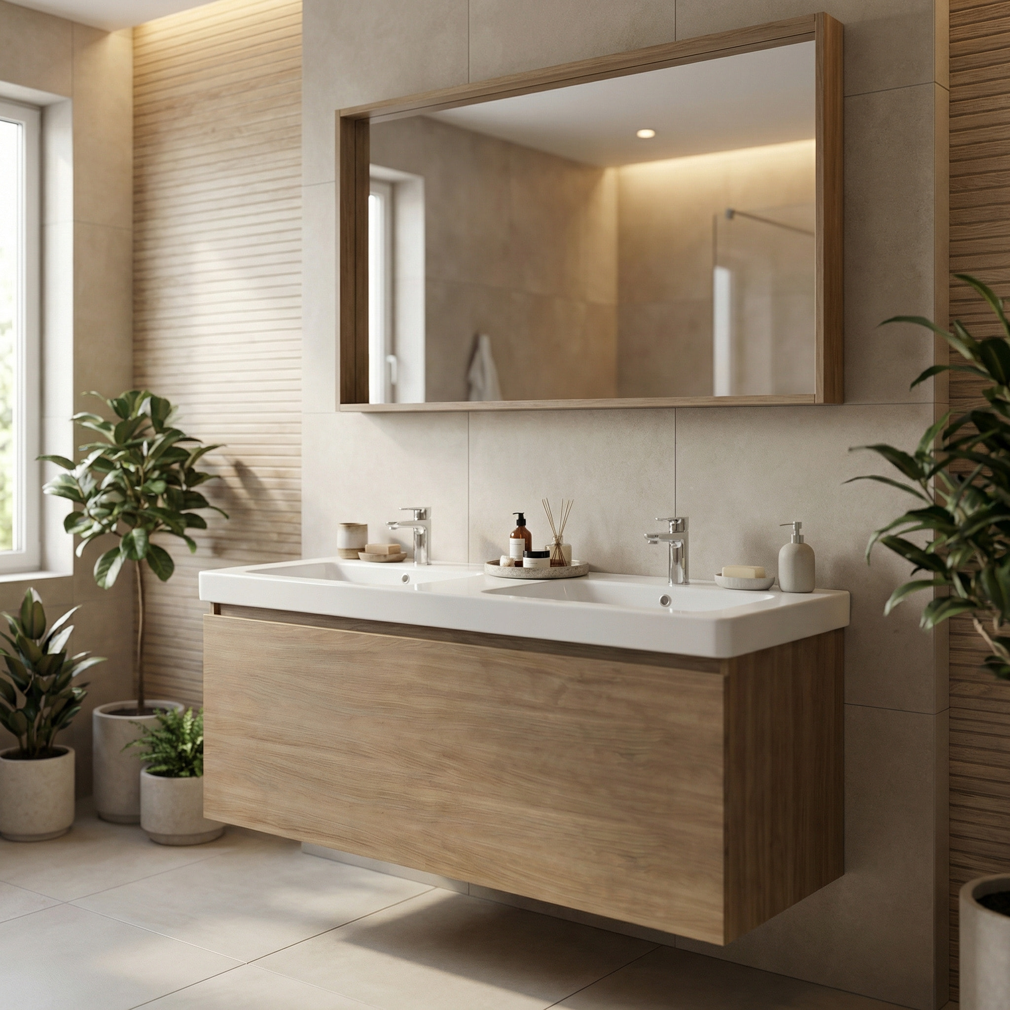 Lavabo double Pavia en marbre coulé blanc 120×49×5 cm – 2 trous pour la robinetterie, avec trop-plein (PA12049)