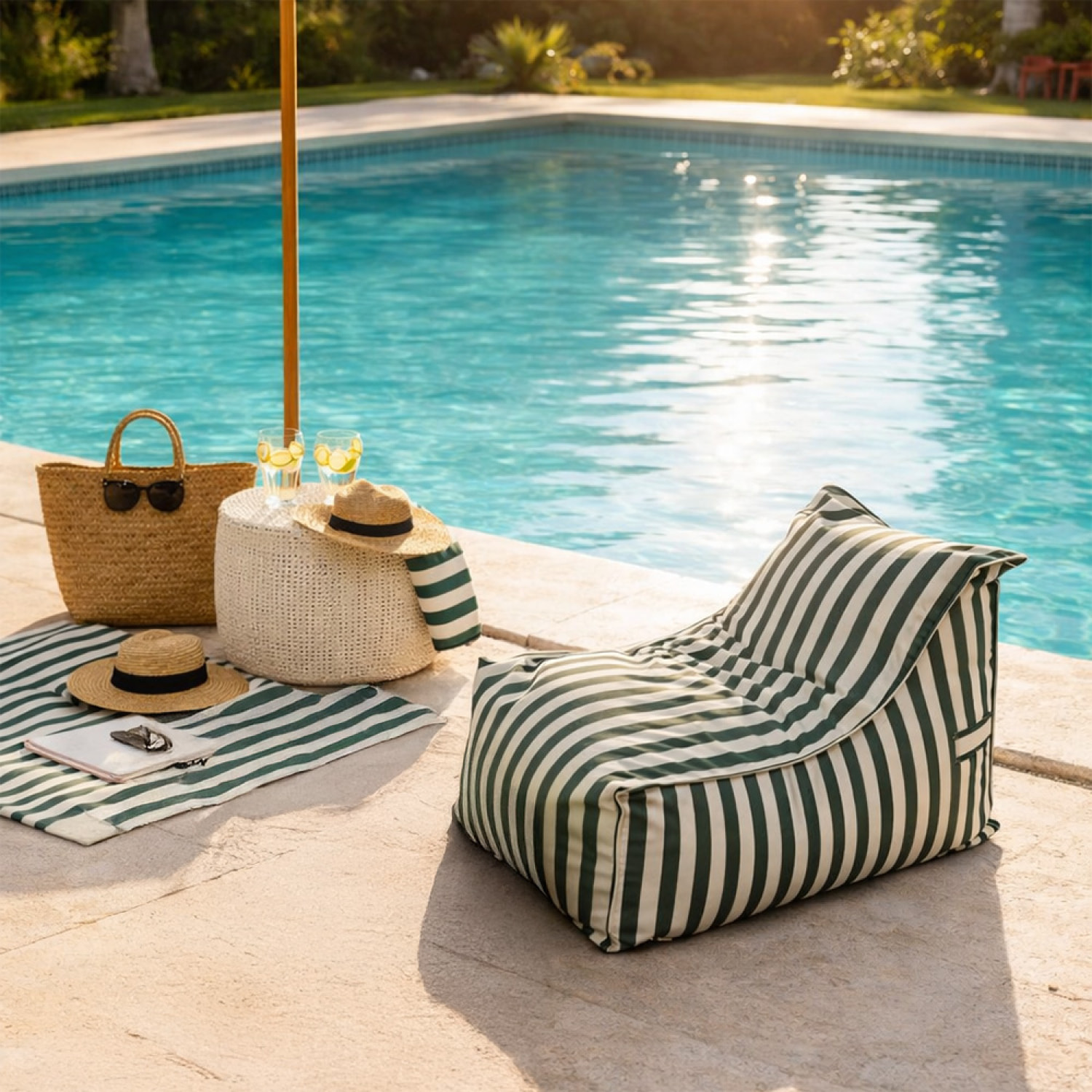 BOLOGNE Pouf d’extérieur rayé vert en tissu déperlant - 100x65x65 cm