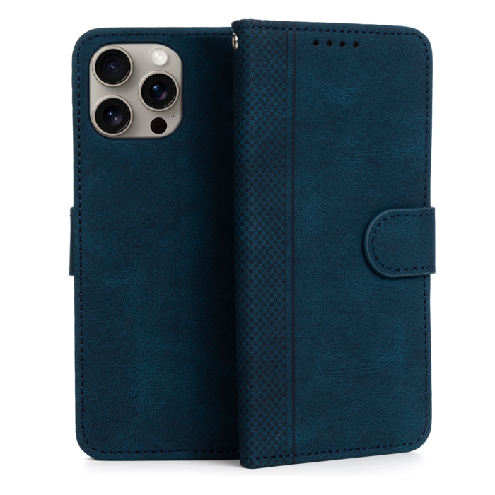 DAM Funda antigolpes tipo libro simil piel para iPhone 14 Pro Max. Tarjetero interior, muñequera extraíble. 8,51x1,67x16,75 Cm. Color: Azul Oscuro