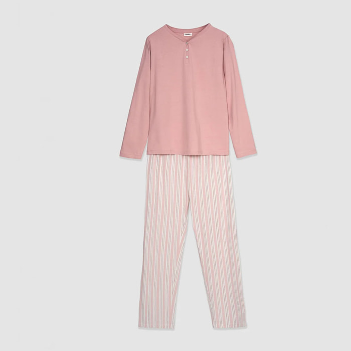 Pigiama lungo in cotone a righe con scollo a V zuri rosa