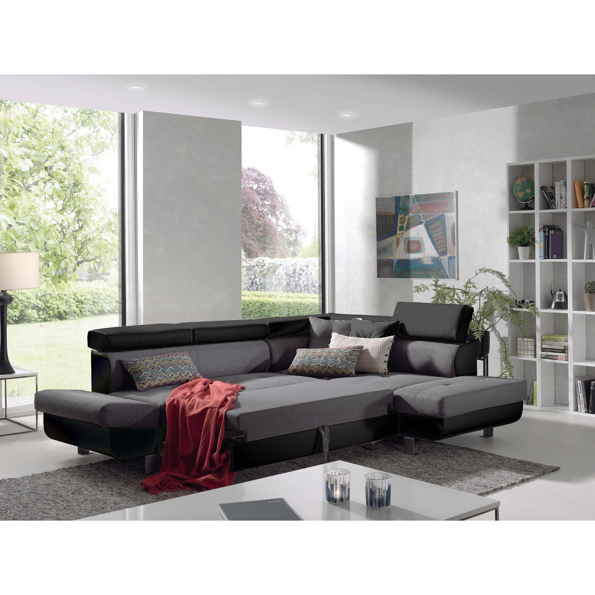 Lisbona - Canapé d'angle droit convertible - 5 places - avec têtières - Noir / Gris