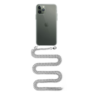 Carcasa transparente iPhone 11 Pro con colgante cadena metálica. Accesorio de moda, ajuste perfecto y máxima protección