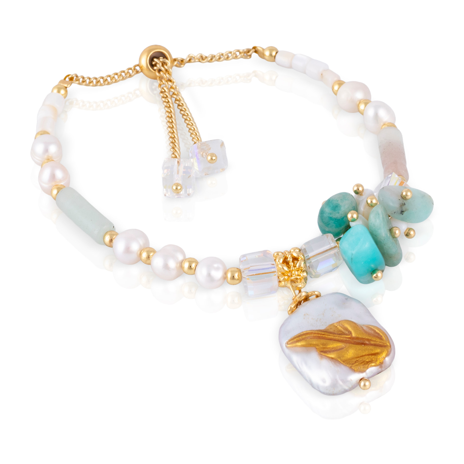 Pulsera ajustable con colgante cuadrado pintado, piedra aguamarina, conchas, lapislázuli y perlas naturales.