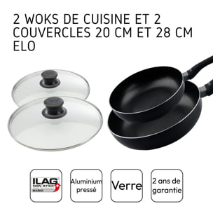 Ensemble de 2 woks 20 er 28 cm et 2 couvercles en verre Elo Smart Life