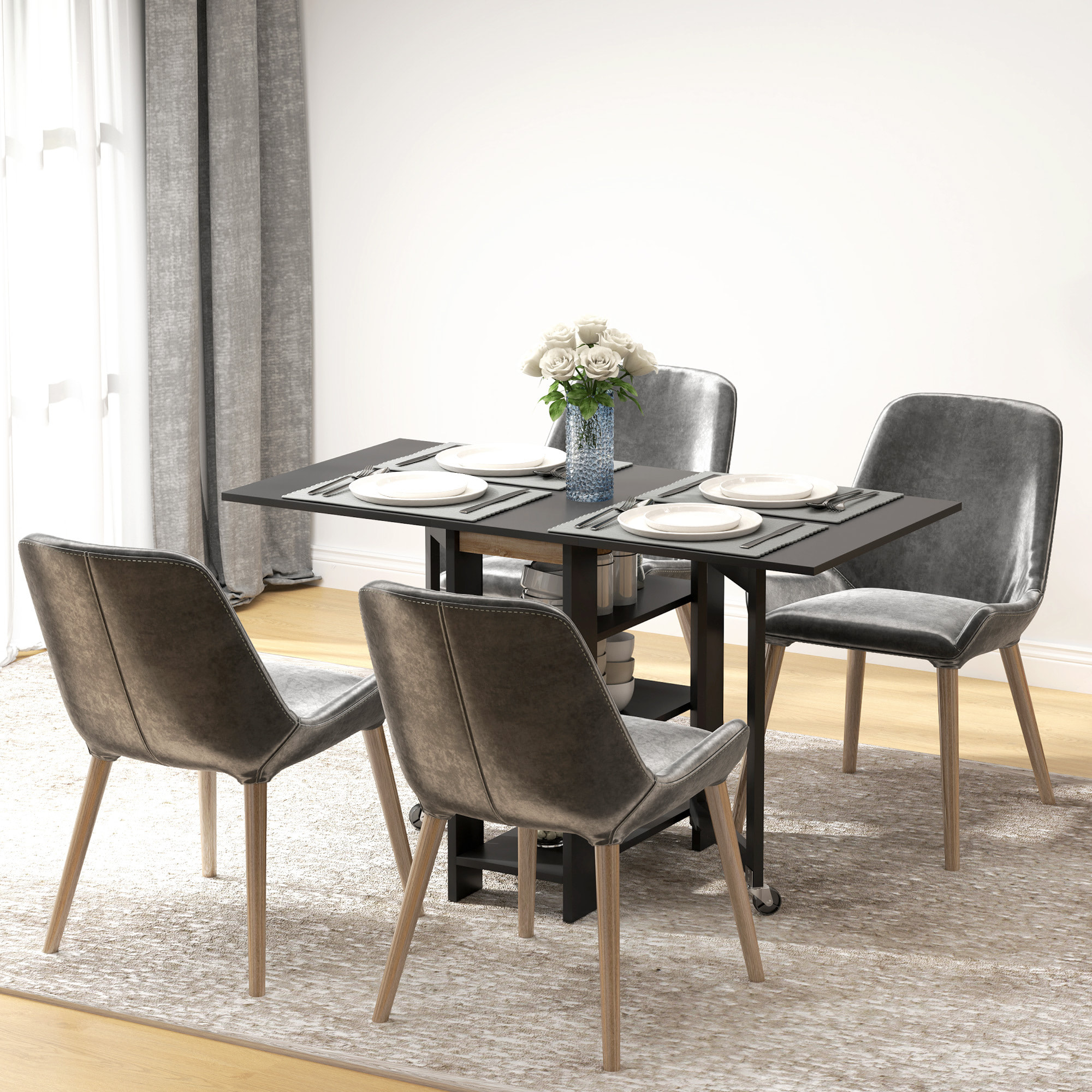 Mesa Plegable de Comedor, Mesa de Cocina Plegable, con Ruedas, Alas Abatibles, Estantes, Hasta 4 Personas, para Salón, Espacio Pequeño, 120x60x75 cm, Negro