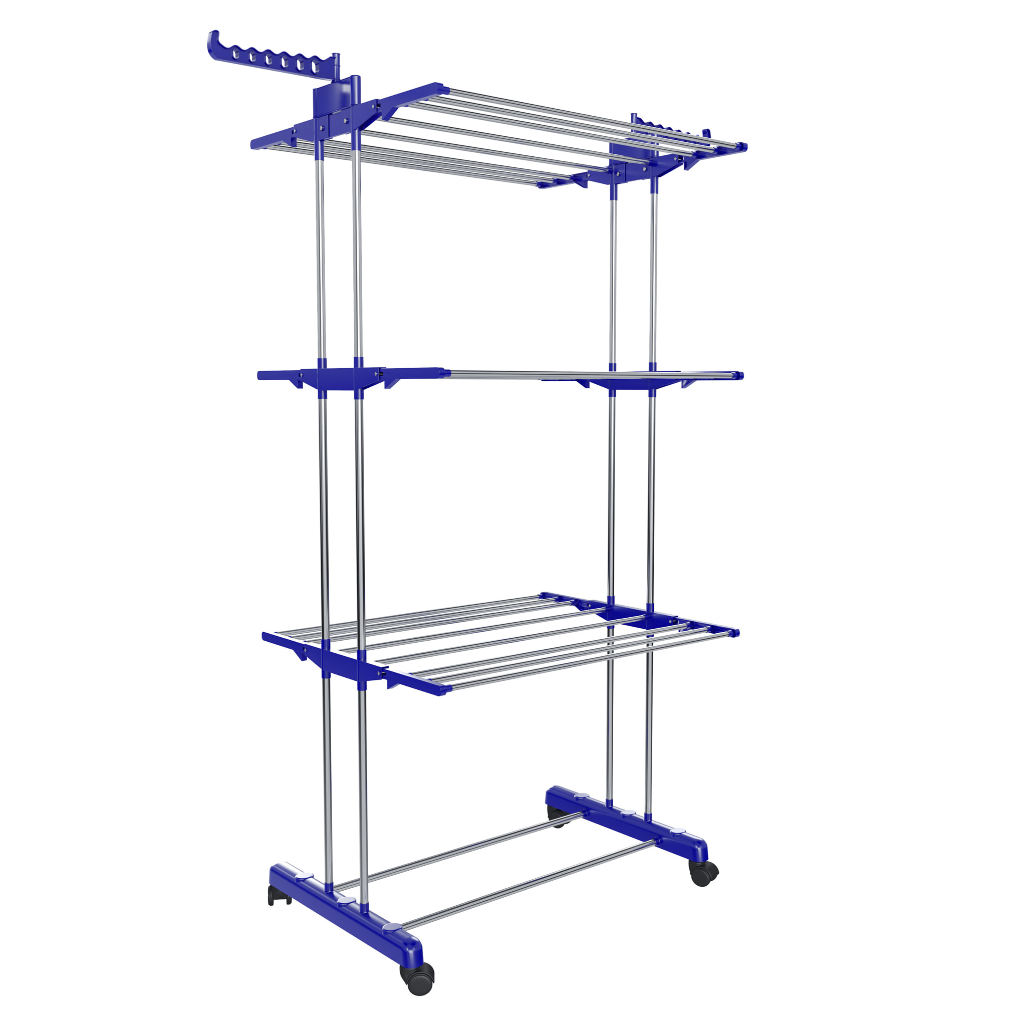Stendibiancheria A Rotelle Stendino A Torre Verticale In Acciaio E ABS 4 Piani Pieghevole Salvaspazio Con Ali Richiudibile Biancheria Interno Blu